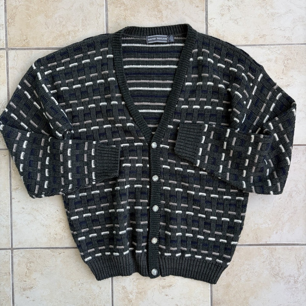 David Taylor Sweater Mens XLT Green Basketweave Knit Grandpa Cardigan 90s‎ USA
